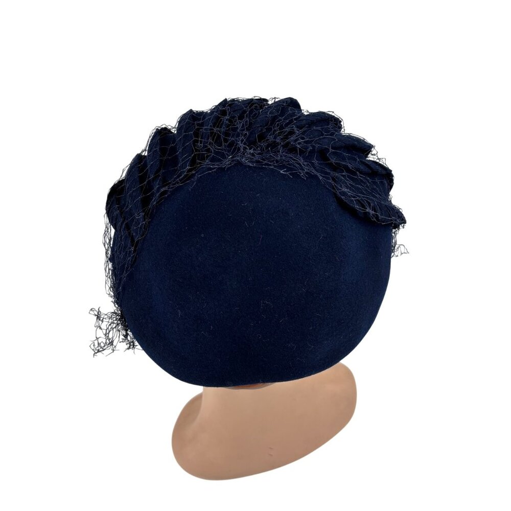 Vintage 50s Navy Hat Blue Veil Wool Scaled Calot Starling - Picture 8 of 11